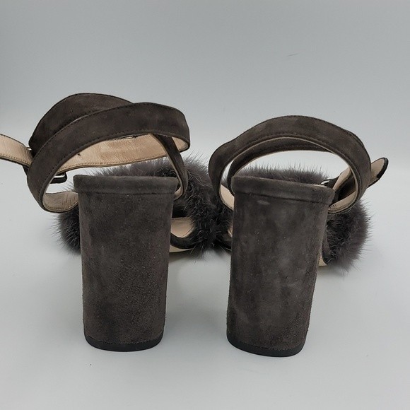 Barneys New York  block heel ankle strap mink fur heels Sz 37.5 Dark Grey - Picture 5 of 9